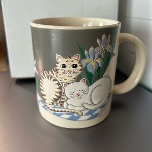 Gray and Cream Cat Mug with Floral 3D Design